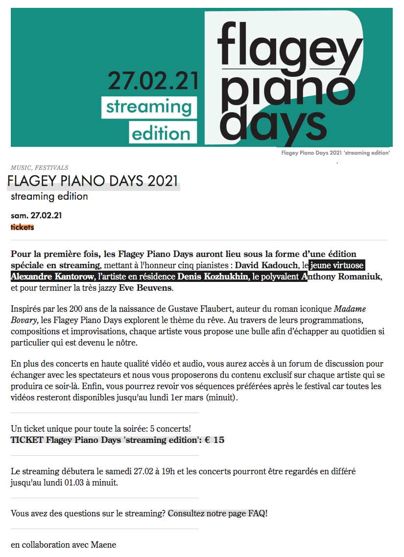 'Flagey. Flagey piano days 2021. Streaming edition. 2021-02-27